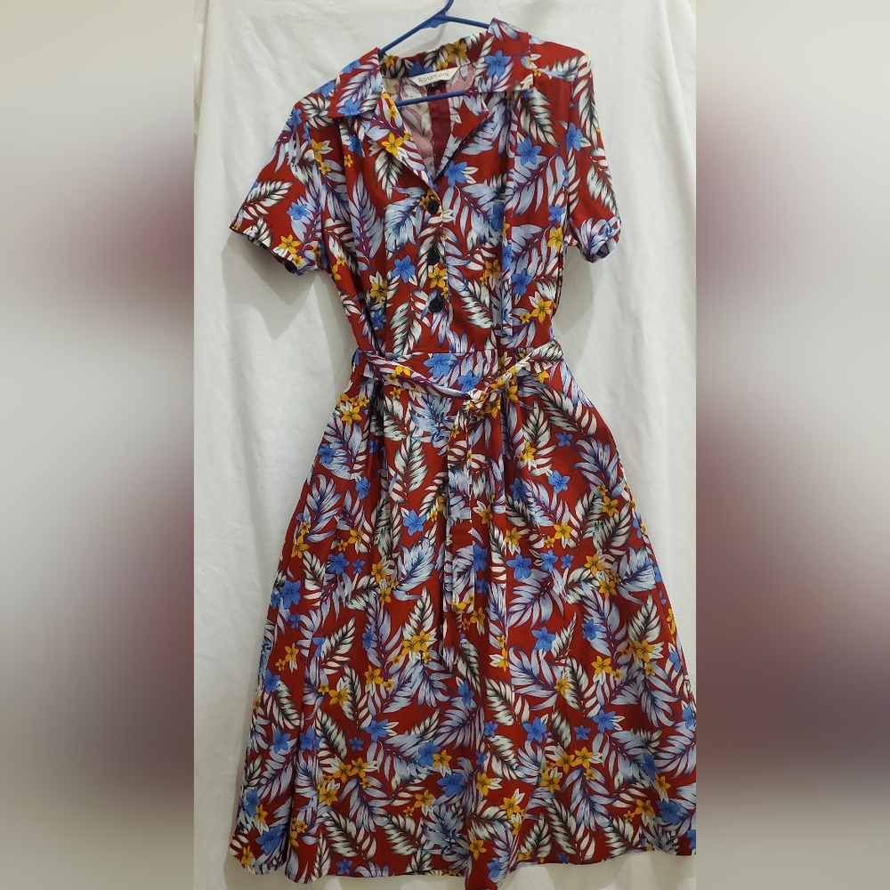 Royal Monk Tropical Shirt Waist Dress L Unique Vintage - Picture 9 of 11